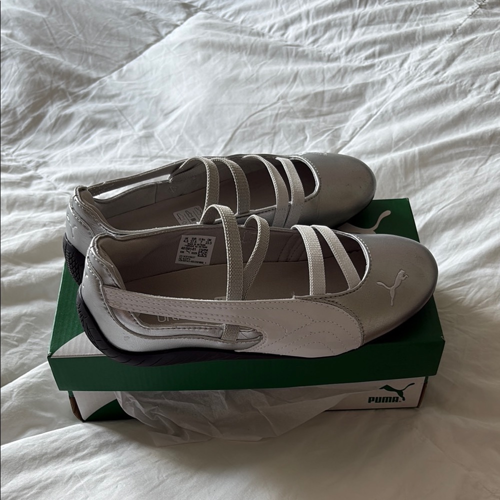 Puma Silver and White Speedcat Ballet Flats